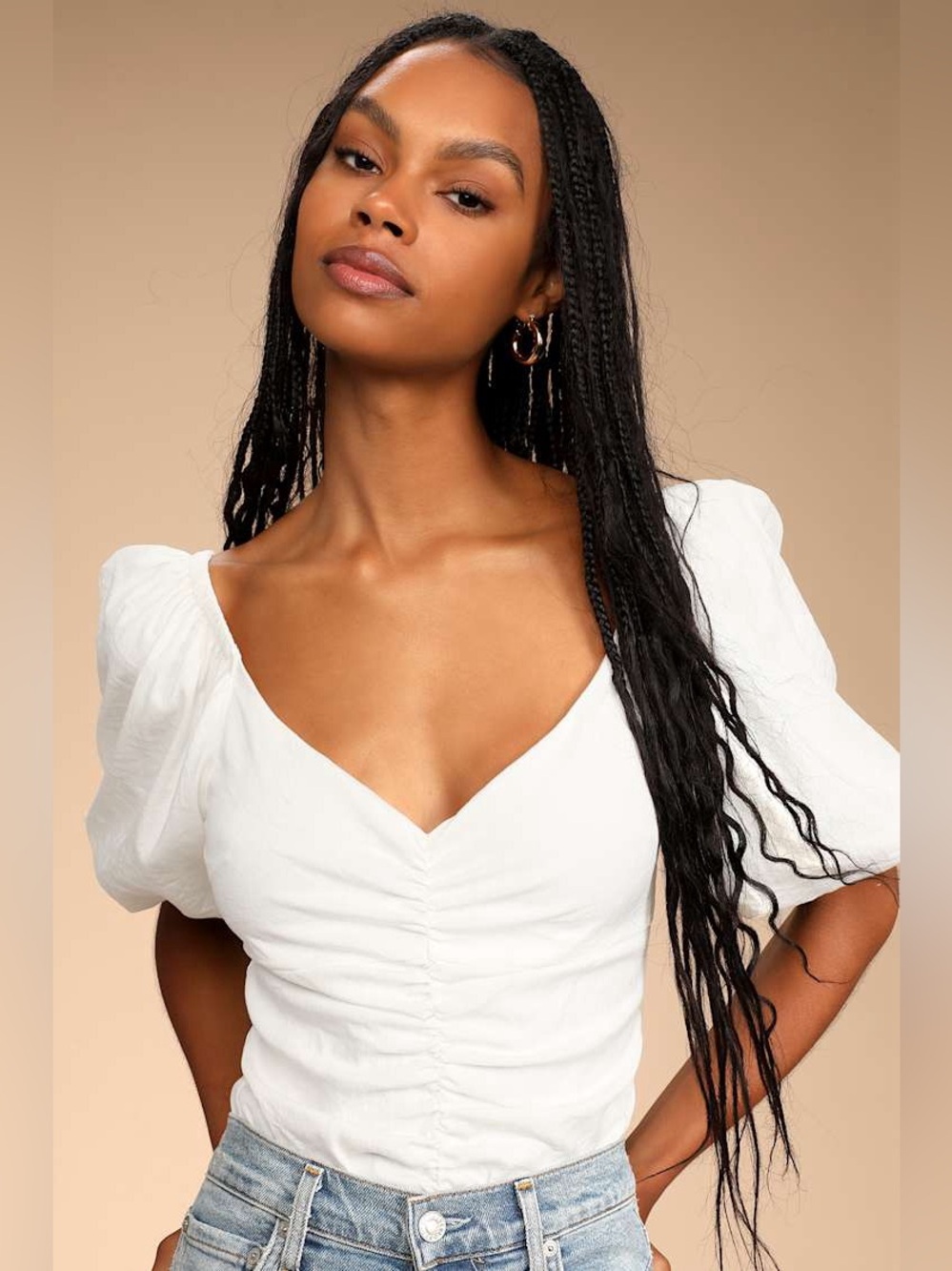 Lulus Pretty Popular White Ruched Puff Sleeve Bodysuit size small